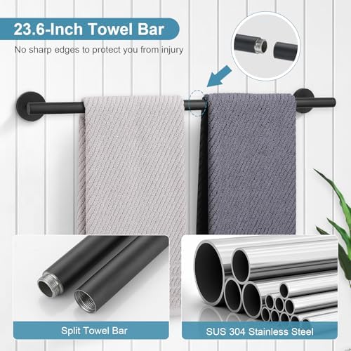TQKAG Matte Black Bathroom Hardware Set 5 Pieces, SUS304 Stainless Steel Towel Bar Set Round Bathroom Towel Rack Set Wall Mounted - Image 2