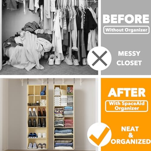 SpaceAid 2 Pack Hanging Closet Organizer and Storage with Dividers, 24 Compartments Hanging Shoe Shelves for Closet, Wardrobe, RV, Garment Rack - Beige - Image 3