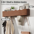 Coat Rack Wall Mount with Shelf 4 Hidden Hooks Modern Wooden Key Holder Entryway Organizer for Hallway Bedroom Bathroom Home Decor Storage for Hanging Coats Hats Bags Towels, Wave-Shape Walnut - Image 2