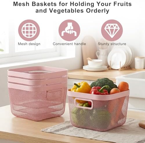 MorningRo 4 Pack Pink Metal Mesh Basket with Handles, Medium - Image 4