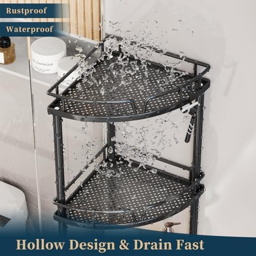 Consumest Corner Shower Caddy Stand - 3 Tier Shower Organizer with Soap Holder, Tall Floor Corner Shelves Standing with Adjustable Feet & 4 Hooks, Storage Rack for Bathroom Black - Image 6