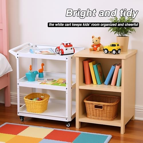 3 Tier Metal Utility Rolling Cart with Wheels, White - Image 5