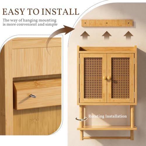 AmazerBath Bathroom Wall Cabinets, Bamboo Medicine Cabinet with Rattan Door, Over The Toilet Storage Cabinet with Towel Bar, Wall Mounted Cabinet with Adjustable Shelves for Small Spaces - Image 6