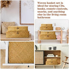 Didaey Set of 4 Seagrass Basket with Lid Wicker Storage Basket Decorative Storage Boxes with Lids Flat Storage Bins Woven Organizer Baskets for Shelf Closet Bedroom, 4 Sizes (Yellow) - Image 6