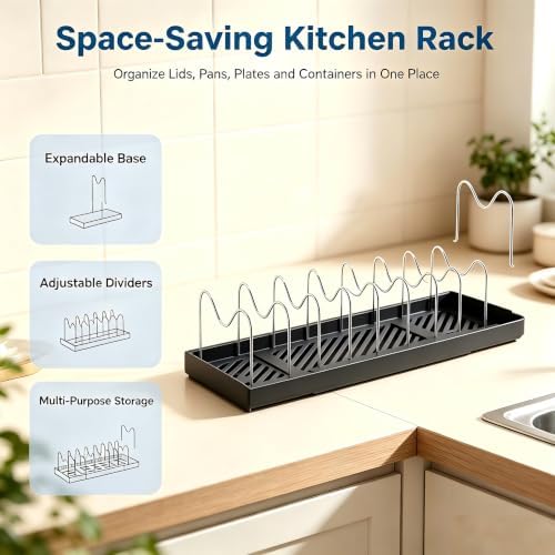 Expandable Pot Lid Organizer for Cabinet, Adjustable Cookware Organizer with 9 Removable Stainless Steel Dividers for Pans, Cutting Boards, Baking Sheets & Container Lids - Image 5