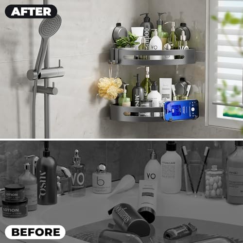 Corner Shower Caddy Suction Cup,Shower Shelves with Hooks,No Drilling Powerful Upgrade Suction Bathroom Corner Organizers and Storage,Removable Waterproof Rustproof Shower Shelf Bathroom Decor(3) - Image 3