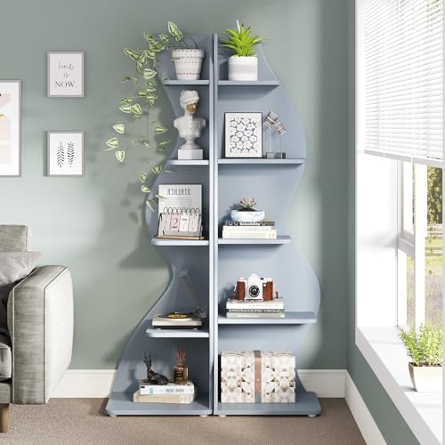 Tribesigns Corner Shelf, Modern 5-Tier Wall Corner Bookshelf, Stylish Corner Small Bookcase Storage Rack Plant Stand with Unique Shape for Living Room, Home Office (Blue, 2PCS) - Image 2