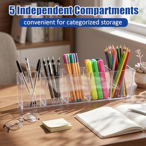 12 Pack Pen Organizer, 5 Compartments Clear Acrylic Desk Holder - Image 4