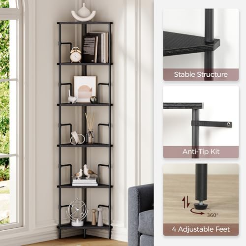 MAHANCRIS 6-Tier Corner Shelf, 65" Tall Corner Bookshelf with Metal Frame, Narrow Display Shelf Stand, Industrial Corner Bookcase for Living Room, Bedroom, Home Office, Black CSBK6601 - Image 3