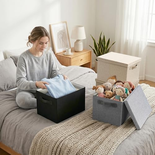 Fabric Storage Bins with Lids, Heavy Duty Collapsible Organizer Bins for Shelves, Stackable Closet Woven Baskets with Handles, 25L Rectangle Boxes for Bedroom Office, Cube Home Decor (Gray 2 Pack) - Image 6