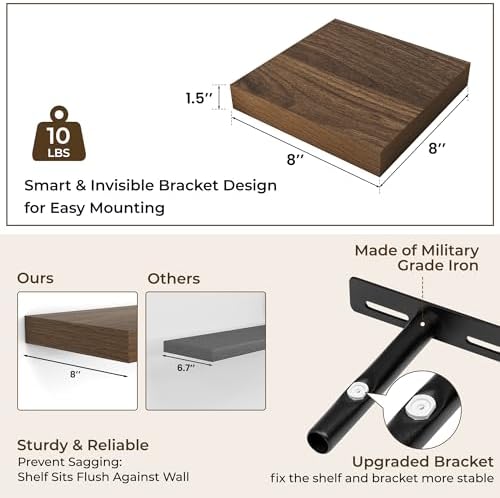 RICHFOCUS 8Inch Square Floating Shelves for Wall 4Pack|Walnut - Image 3