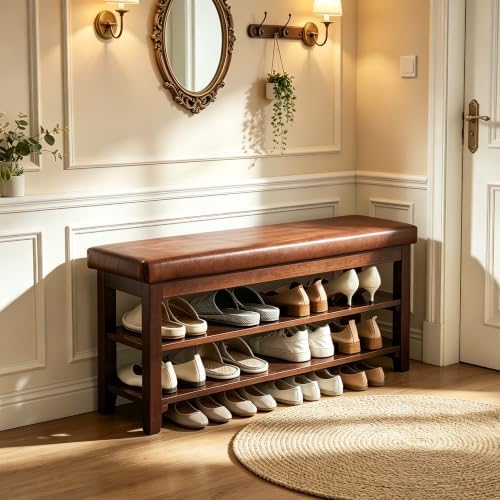 40" Shoe Bench with Leather Cushion, Upholstered Entryway Bench, Dark Brown by Abbrevi