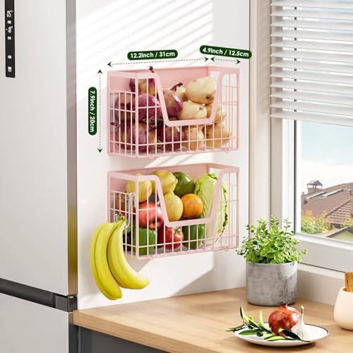 2 Pack Magnetic Shelves for Fridge, Pink Magnet Wire Fruit Baskets - Image 2
