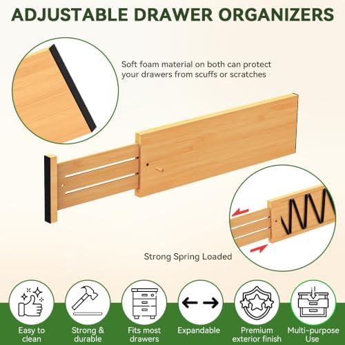 FJO 6 Pack Bamboo Drawer Dividers 4.65" High Adjustable from 17'' to 22'' - Image 4