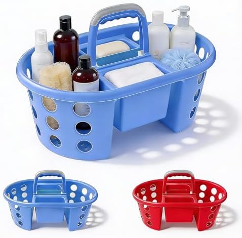 SIMPLYKLEEN Large Shower Caddy Portable 2PC - Made in USA Plastic Jumbo Size Dorm Storage Candy Tote with Handle Shower Organizer for Bathroom, Pantry, Kitchen, College Dorm, Red/Periwinkle by SIMPLYKLEEN