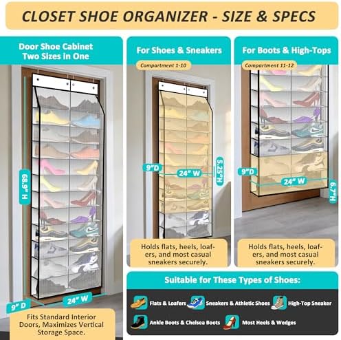 Kotkn 24-Pair Over Door Shoe Organizer for Family & Kids, Double Sided | Hanging Storage for Sneakers, Boots, Toys & Room Organization-Pearl White - Image 2