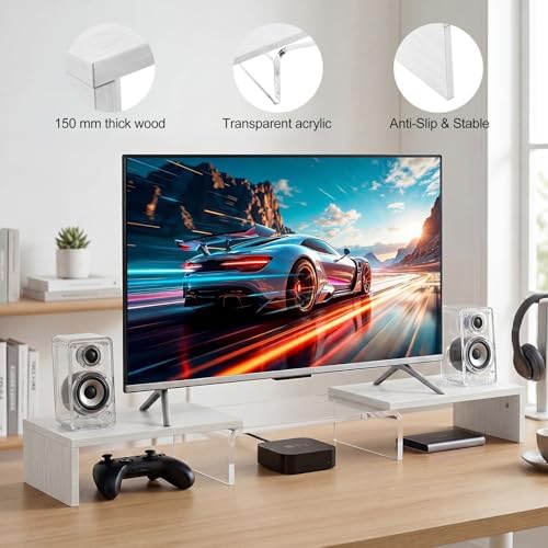 Dual Monitor Riser, Acrylic Monitor Riser with Keyboard Storage, Adjustable Angle & Length Computer Monitor Stand, Wide Desk Shelf for Top of Desk for Home Office_White Maple Look - Image 6