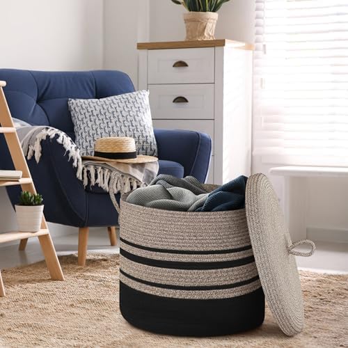 Extra Large Woven Basket with Lid, 18" X 14" Wicker Blanket Storage Basket Living Room, Tall Rope Storage Baskets for Toys, Decorative Kids Toy Bin Box with Cover, Baby Laundry Basket Hamper - Image 5