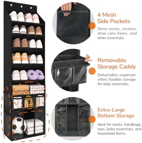 3in1 Over The Door Shoe Organizer with 5 Slanted Compartments,Removable Storage Bin & Transparent Pockets,Thickened Waterproof Oxford Fabric Shoes Rack for Shoes,Boots,Toys,Daily Essentials. (Black) - Image 4