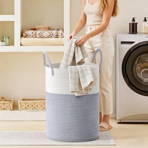 100L Extra Large Tall Cotton Rope Laundry Basket with Handles, Grey - Image 4