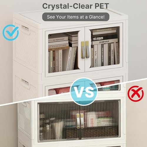 UAMFURI Stackable Storage Bins with Lids, Clear Doors, Large Storage Cabinet Foldable Collapsible Closet Organizers for Bedroom Dorm Office (5, White, 48, Quarts) - Image 6