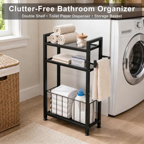 Black Freestanding Toilet Paper Holder Stand with Shelf and Roll Storage - Image 3