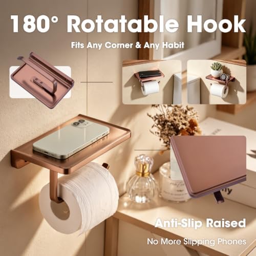 TRUSTMI Toilet Paper Holder with Shelf & Phone Stand, Brushed Rose Gold - Image 2
