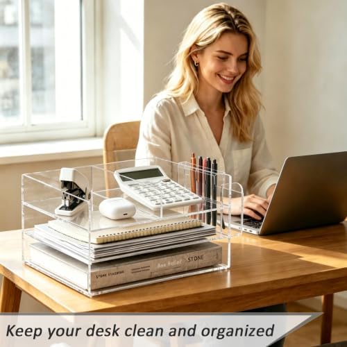 Clear Acrylic Desk Organizer with Pencil Holder – Paper Tray Office Storage - Image 3