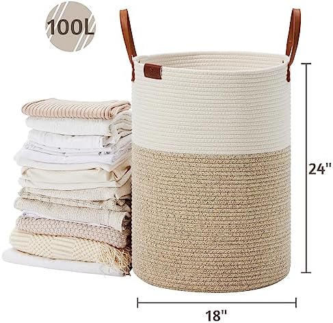 VIPOSCO 100L Tall Woven Rope Laundry Hamper, Leather Handles, White & Brown - Image 5