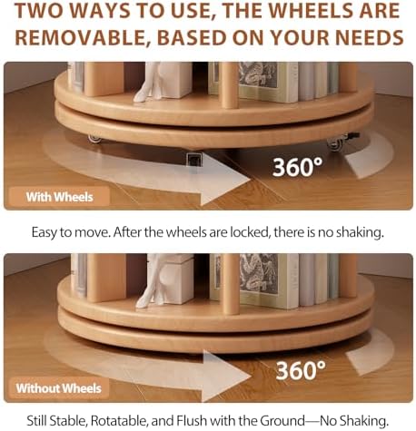 Muwuele 6 Tier Solid Wood Rotating Bookshelf Tower on Wheels, Natural - Image 5