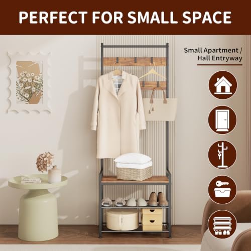 3-in-1 Entryway Coat Rack Hall Tree with Shoe Storage Bench - Brown - Image 4