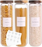 CZZGSM 3 Set Glass Pantry Storage Jars with Acacia Airtight Lid - 50oz Thicken Glass Kitchen Canisters with 132 Pantry Labels - Tall Food Storage Containers with Wood Lid for Pasta,Spaghetti,Cereal by CZZGSM
