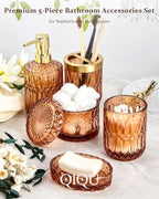 Bathroom Accessories Set, 5Pcs Clear Glass Bathroom Accessories, Soap Dispenser, Soap Dish, Toothbrush Holder Set, Tumbler, Qtips Holder for Vintage Crystal Bath Decor (Amber) - Image 5