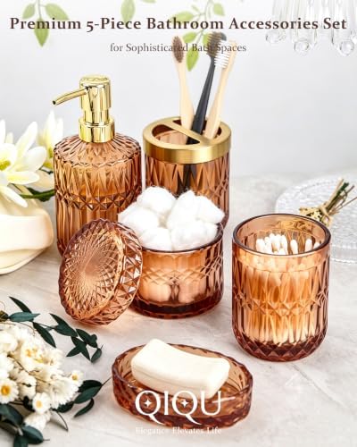 Bathroom Accessories Set, 5Pcs Clear Glass Bathroom Accessories, Soap Dispenser, Soap Dish, Toothbrush Holder Set, Tumbler, Qtips Holder for Vintage Crystal Bath Decor (Amber) - Image 5