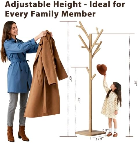 Solid Wood Coat Rack - Freestanding Coat Hat Rack Stand with 14 Hooks, Clothes Rack Heavy Duty Space Saving Entryway Coat Tree Hanger Rack for Coats Jackets Hats Bags, Adjustable Height (Natural) - Image 2