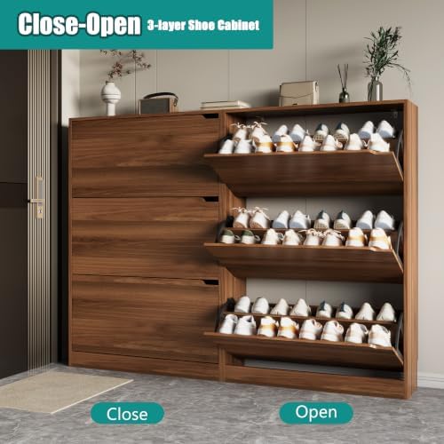 Xixini Shoe Storage Cabinet for Entryway with 3 Flip Drawers, Sturdy Wood Hidden Shoe Storage, Freestanding Narrow Slim Shoe Organizer for Front Door Entrance, Living Room, Hallway, Bedroom, Walnut - Image 3