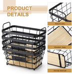 4 Pcs Black Metal Wire Storage Baskets with Wood Bottoms,Small - Image 3