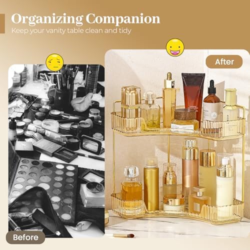 Aveniee Corner Bathroom Counter Organizer, Bathroom Countertop Shelf Makeup Organizer for Vanity Perfume Tray for Corner Storage (2 Tiers, Gold) - Image 5