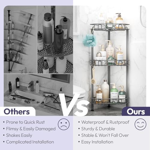 SWTYMIKI Standing Shower Caddy Corner - 3‑Tier Stainless Steel Shower Organizer Shelf with 12 Hooks and Adhesive Pads, Rustproof Corner Shelves Stand Rack for Bathroom Shower Room, Gray - Image 2