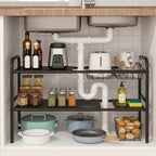 Expandable 2 Tier Under Sink Organizer, Black, 28.74-34.5 Inch Width by INZTUPD