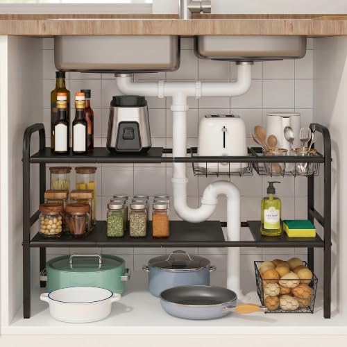 Expandable 2 Tier Under Sink Organizer, Black, 28.74-34.5 Inch Width by INZTUPD