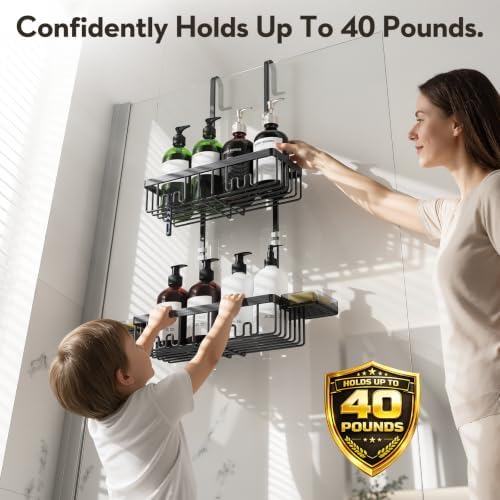 Over the Door Shower Caddy Hanging With Double Soap Holder Never Rust Aluminum Shower Shelf With 4 Hooks Hanging Bathroom Organizer No Drilling Shelves for Bathroom Storage Black - Image 5