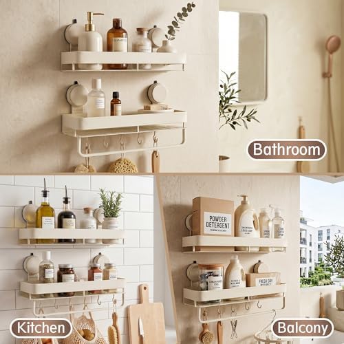 Wide Aluminum Suction Cup Shower Caddy(2-Pack Cream White),Shower Shelves for Bathroom Wall,Wall Mounted Bathroom Shelves with Towel Bar & Hooks - Image 6