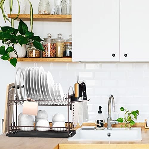 Simple Houseware 2-Tier Dish Rack with Drainboard, Bronze - Image 4