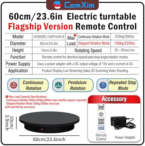 23.6In Remote Large Motorized electric turntable Rotating platform Photography Turntable Motorized lazy susan Base giratoria para for Photography,3D Scanner,Heavy duty display(Load Range:220~500lbs) - Image 2