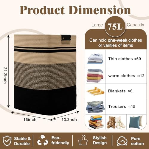 Laundry Hamper, 75L Tall Laundry Basket with Leather Handles, Rectangle Large Clothes Hamper for Organizing, Cotton Woven Laundry Baskets Storage Hampers for Bedroom, Nursery, Living Room - Image 3