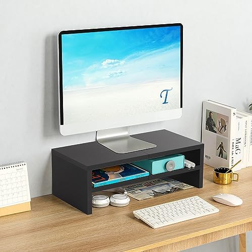 TEAMIX 20 inch Wood Monitor Riser Stand with Keyboard Storage，2 Tiers Black - Image 2