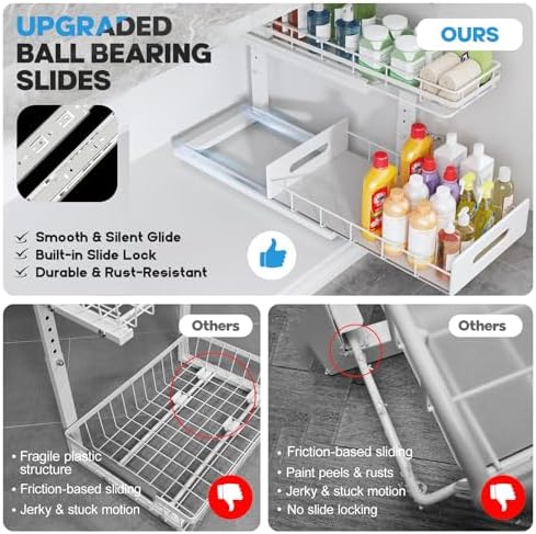 Under Sink Organizer Upgrade To Professional Rails,2-Tier Dual Pull Out Cabinet Storage,Height Adjustable Slide Out Drawers For Bathroom Kitchen,2 Pack-18.5"Dx12.8"-16.9"H,White - Image 3