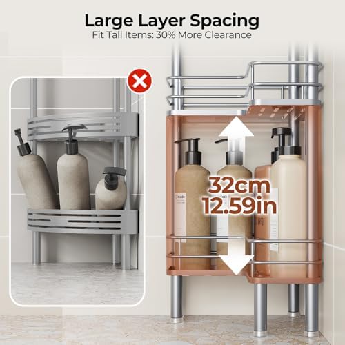 Orimade Rustproof 4 Tier Floor Standing Corner Shower Caddy Organizer with Toothbrush Holder, Large Spacing Floor Shower Shelf Rack Storage Stands with Hooks for Bathroom Kitchen, Silver - Image 5