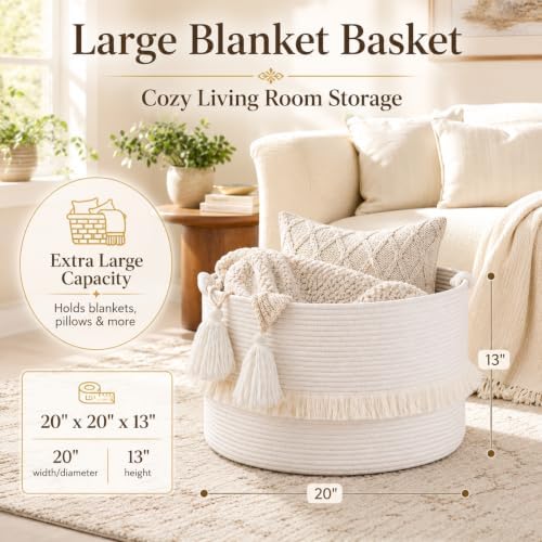 KAKAMAY Large Blanket Basket (20"x13"),Woven Baskets for storage Baby Laundry Hamper, Cotton Rope Blanket Basket for Living Room, Laundry, Nursery, Pillows, Baby Toy chest (White) - Image 2